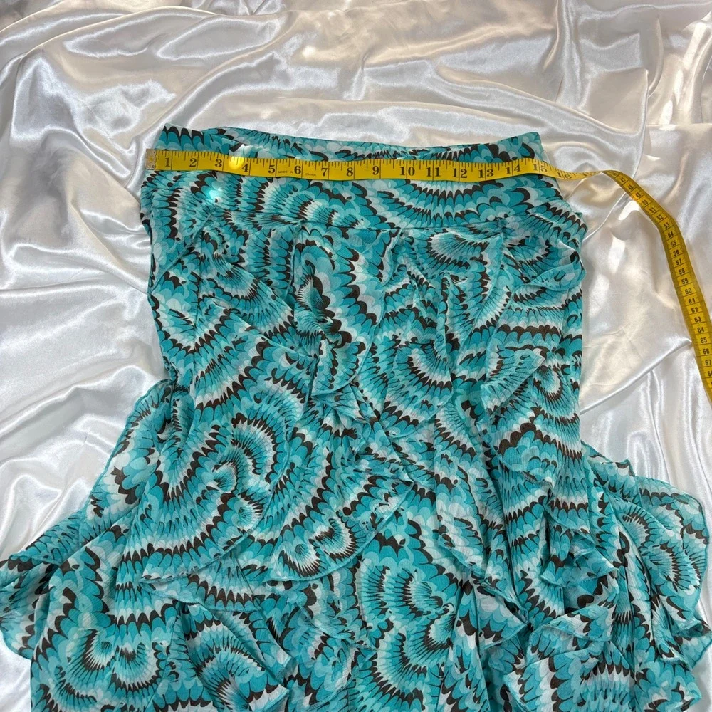 y2k Mini Skirt Teal Excellent Sunny Leigh Ruffled Geometric Fan Print Size 6